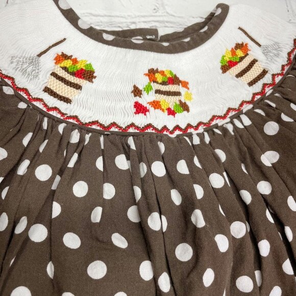 Molly Pop 18 mos Fall Leaves Smocked Dress Brown Polka Dot Cotton - Picture 2 of 8